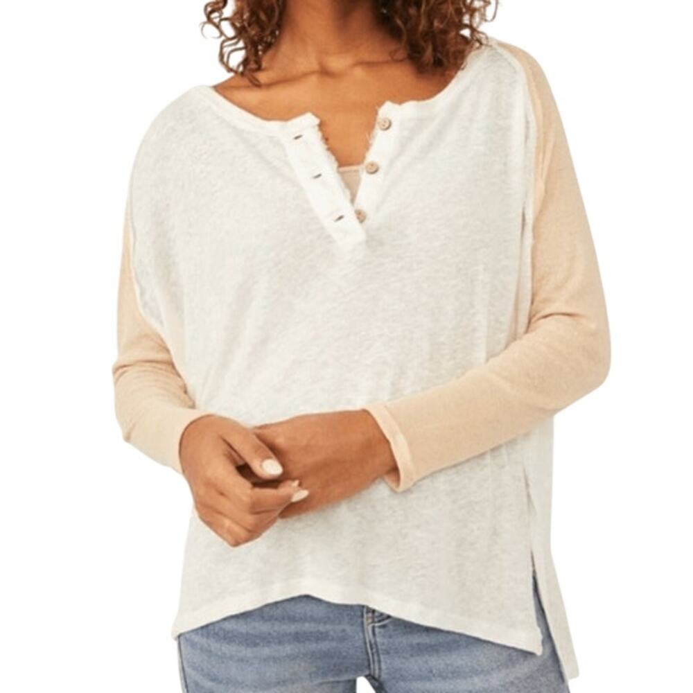 Free People Grand Slam Top Neutral White Baseball Tee Oversized Linen Cotton H17